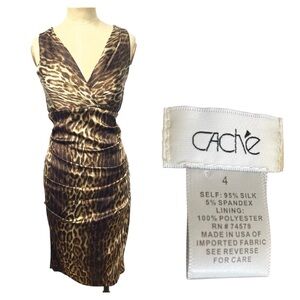 Y2K Mobwife Cache Leopard Print Silk Dress 4 Sleeveless Ruched 2000s Baddie Bold